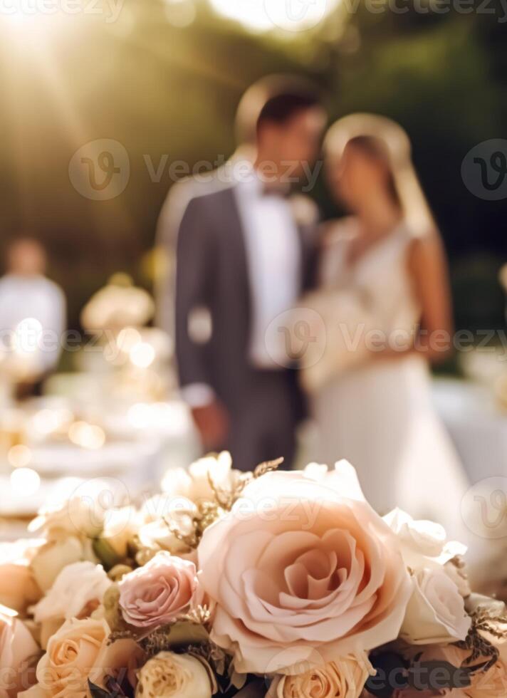 AI generated Wedding ceremony and celebration, bride and groom at a beautiful outdoor venue on a sunny day, luxury wedding decor with flowers and bridal bouquet, generative ai photo