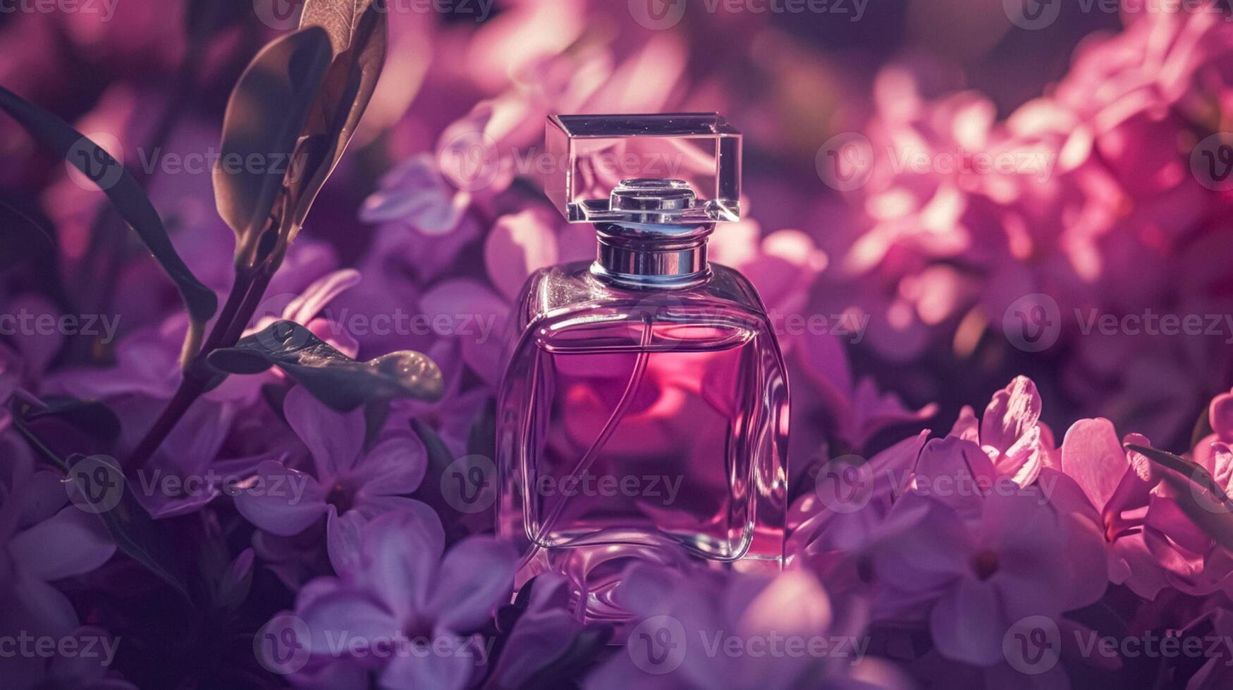 ai generado perfume botella en flores, fragancia en floreciente fondo, floral olor y cosmético producto foto