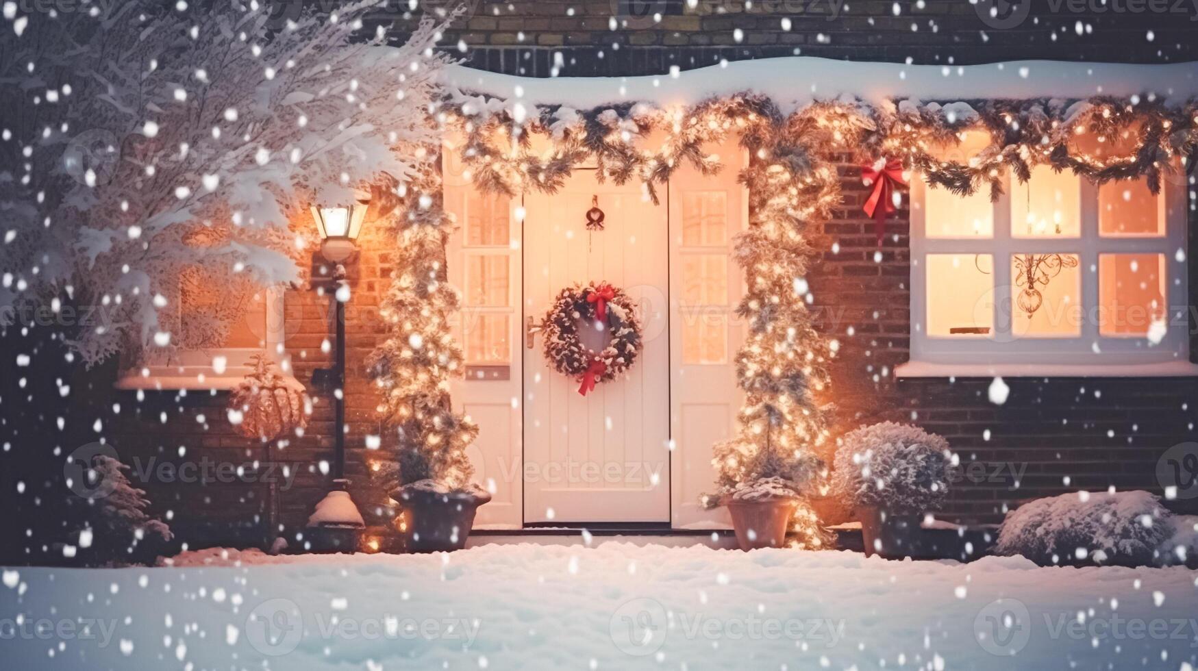 AI generated Christmas in the countryside, cottage and garden decorated for holidays on a snowy winter evening with snow and holiday lights, English country styling photo