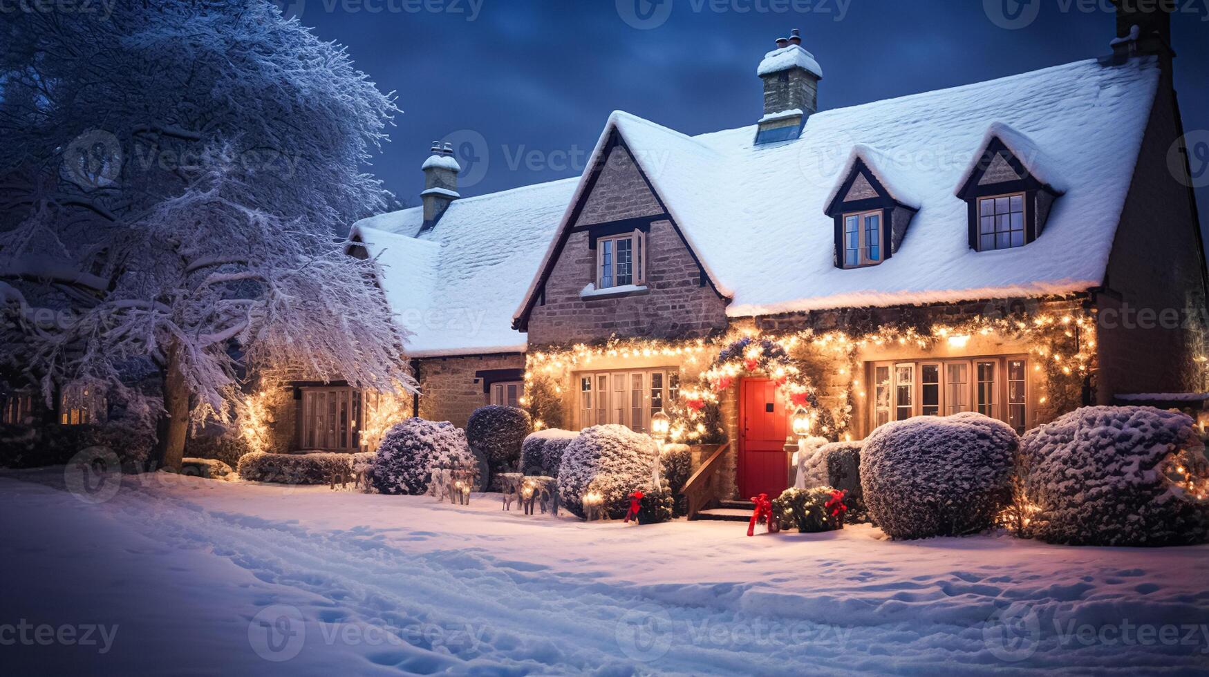 AI generated Christmas in the countryside, cottage and garden decorated for holidays on a snowy winter evening with snow and holiday lights, English country styling photo