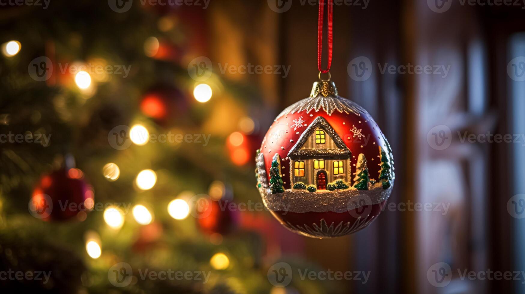AI generated Christmas tree decorations for the English country cottage, home decor, house in the countryside and holiday celebration photo