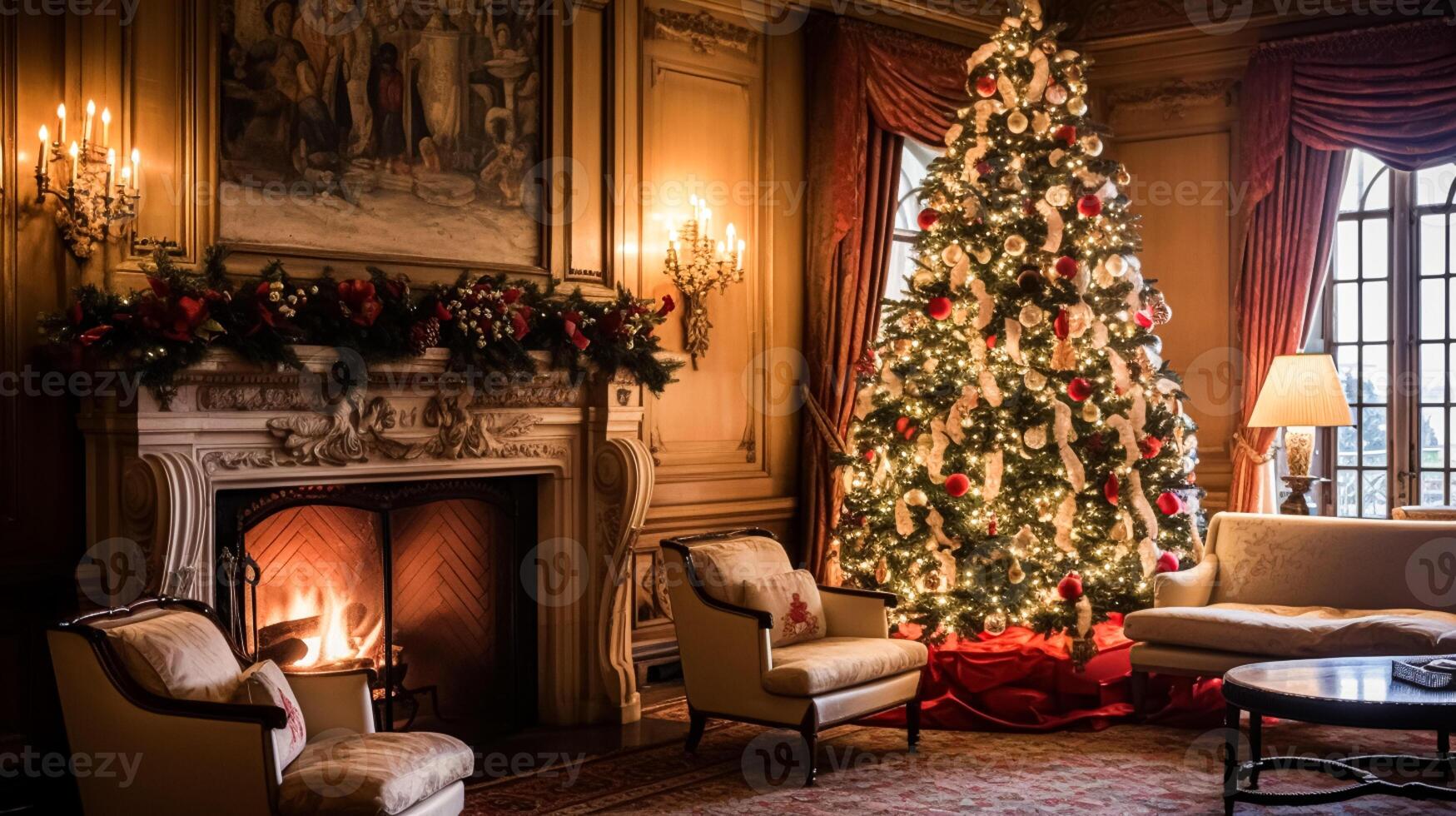 ai generado Navidad a el señorío, Inglés campo decoración y interior decoración foto