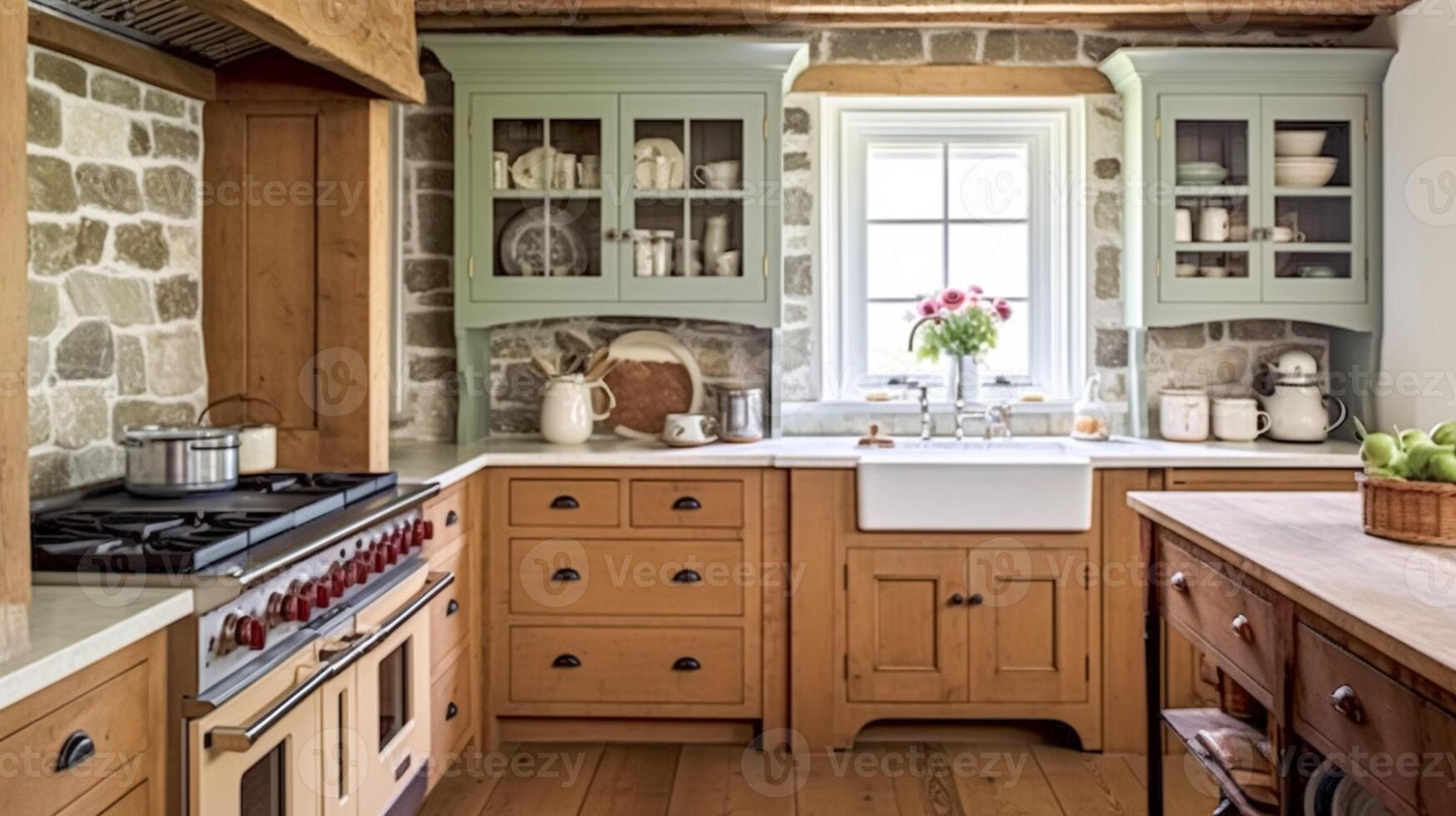 AI generated Cottage kitchen decor, interior design and country house, wooden in frame kitchen cabinetry, sink, stove and stone countertop, English countryside style photo