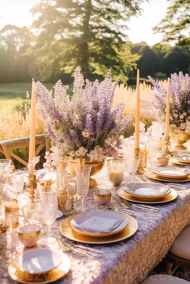 ai generado Boda paisaje de mesa, elegante formal cena mesa configuración, mesa bohordo con lavanda decoración para fiesta fiesta evento celebracion, generativo ai foto