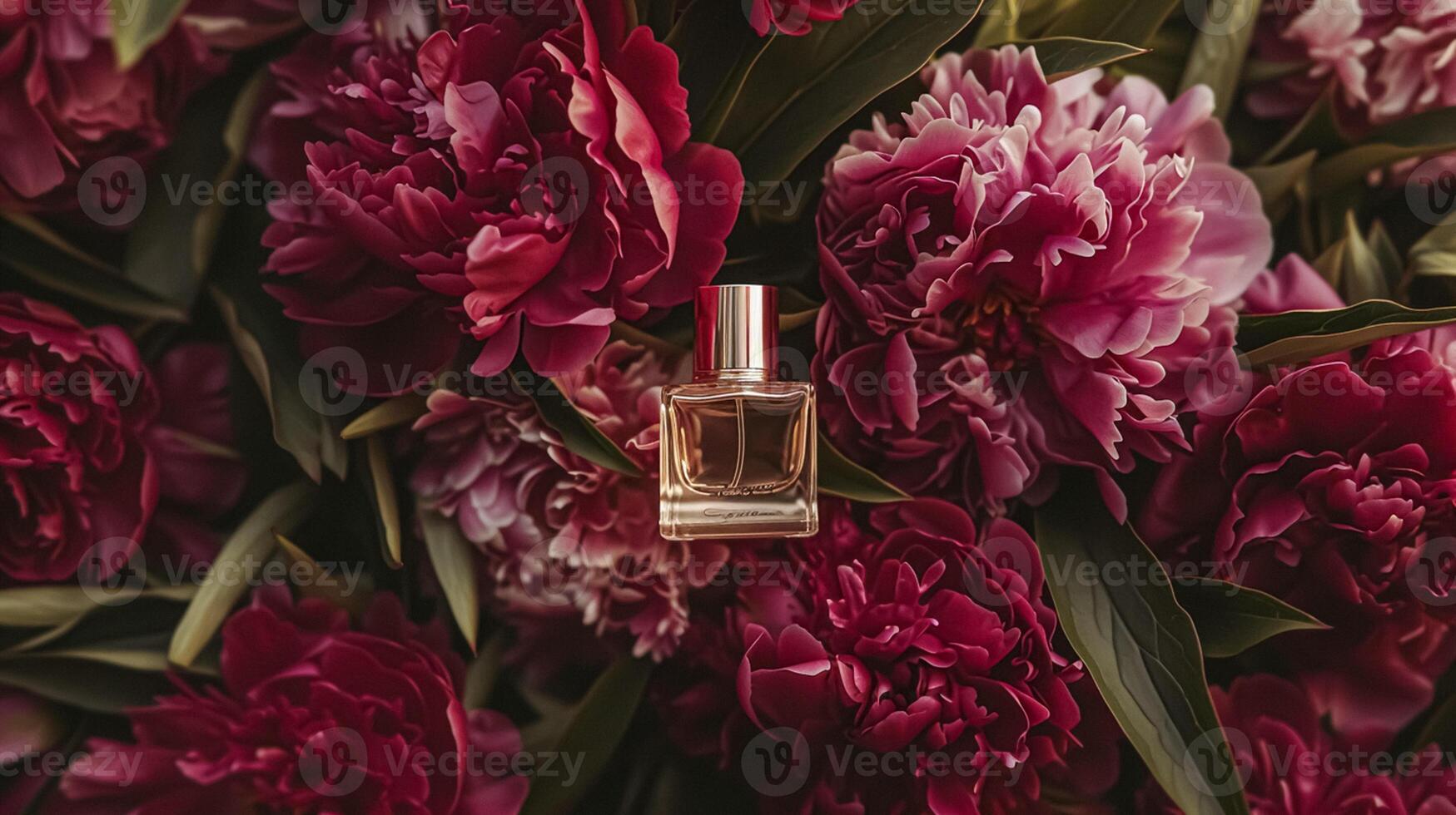 AI generated Perfume bottle in flowers, fragrance on blooming background, floral scent and cosmetic product photo