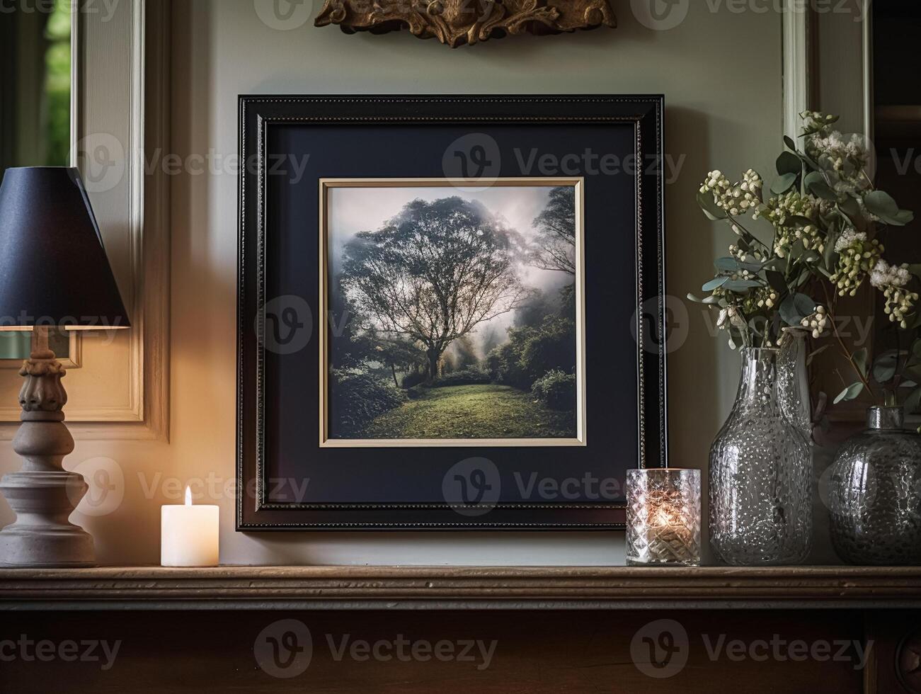AI generated Black art frame in the elegant interior, wall and home decor photo