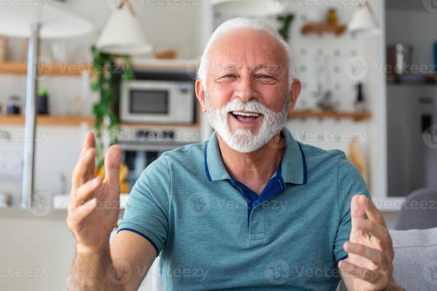 Smiling senior man wave to camera having video call on laptop, happy elderly male sit on couch at home talk using modern technologies and wireless connection photo