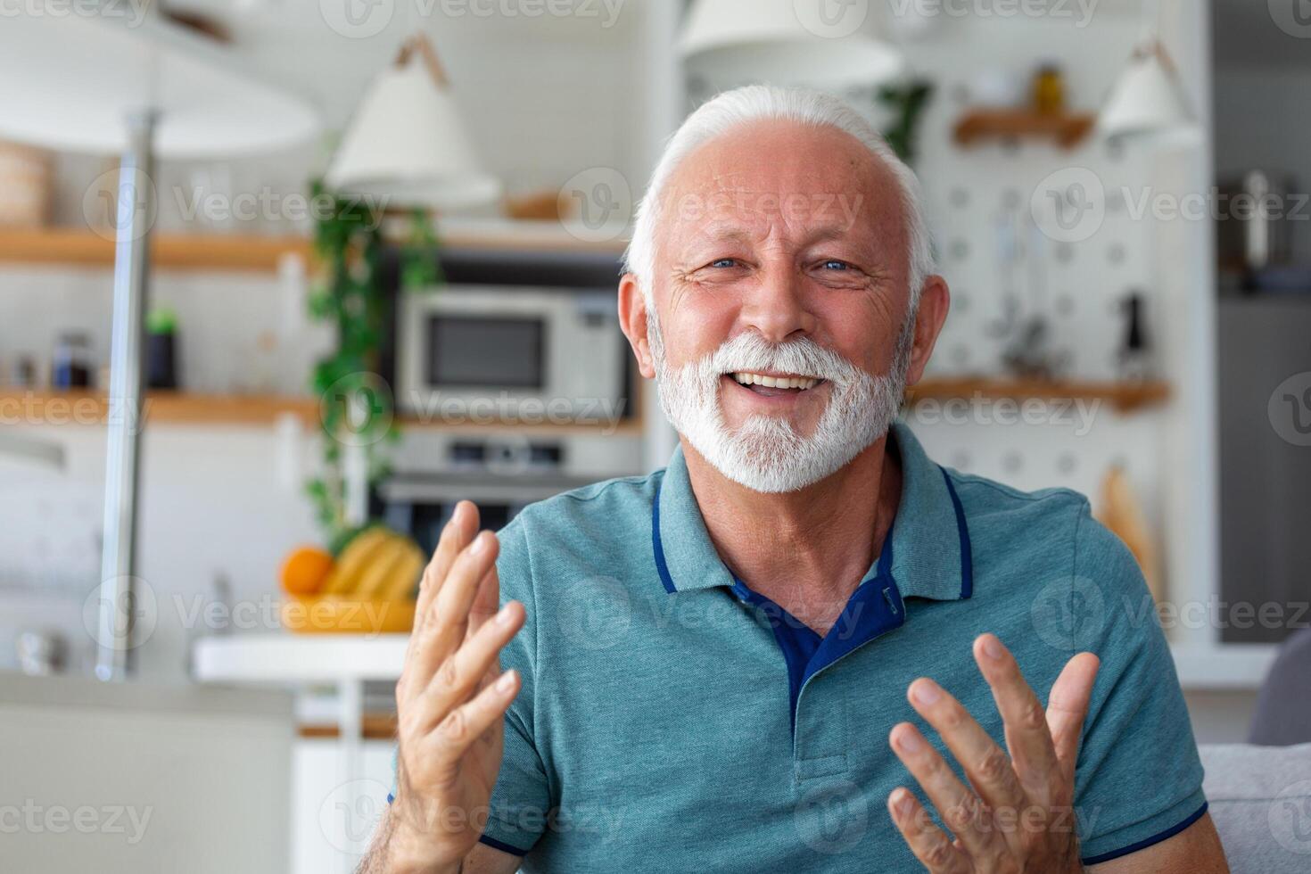 Smiling senior man wave to camera having video call on laptop, happy elderly male sit on couch at home talk using modern technologies and wireless connection photo