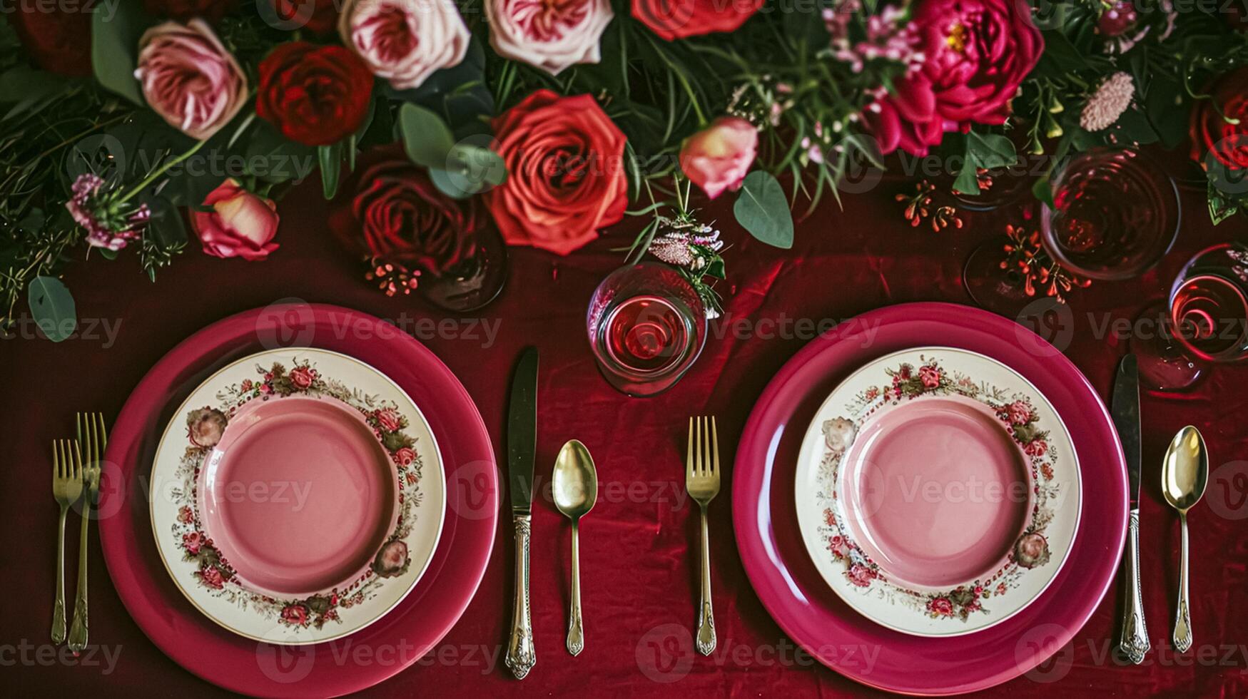 AI generated Valentines day tablescape and table decor, romantic table setting with flowers, formal dinner and date, beautiful cutlery and tableware photo