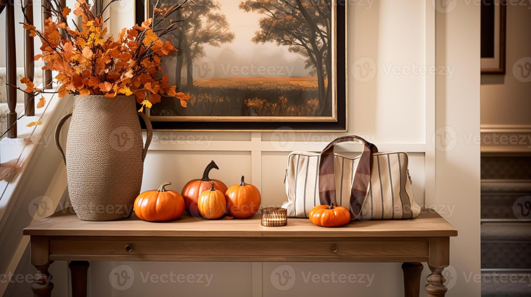 AI generated Autumnal hallway decor, interior design and house decoration, welcoming autumn entryway furniture, stairway and entrance hall home decor in an English country house and cottage style photo