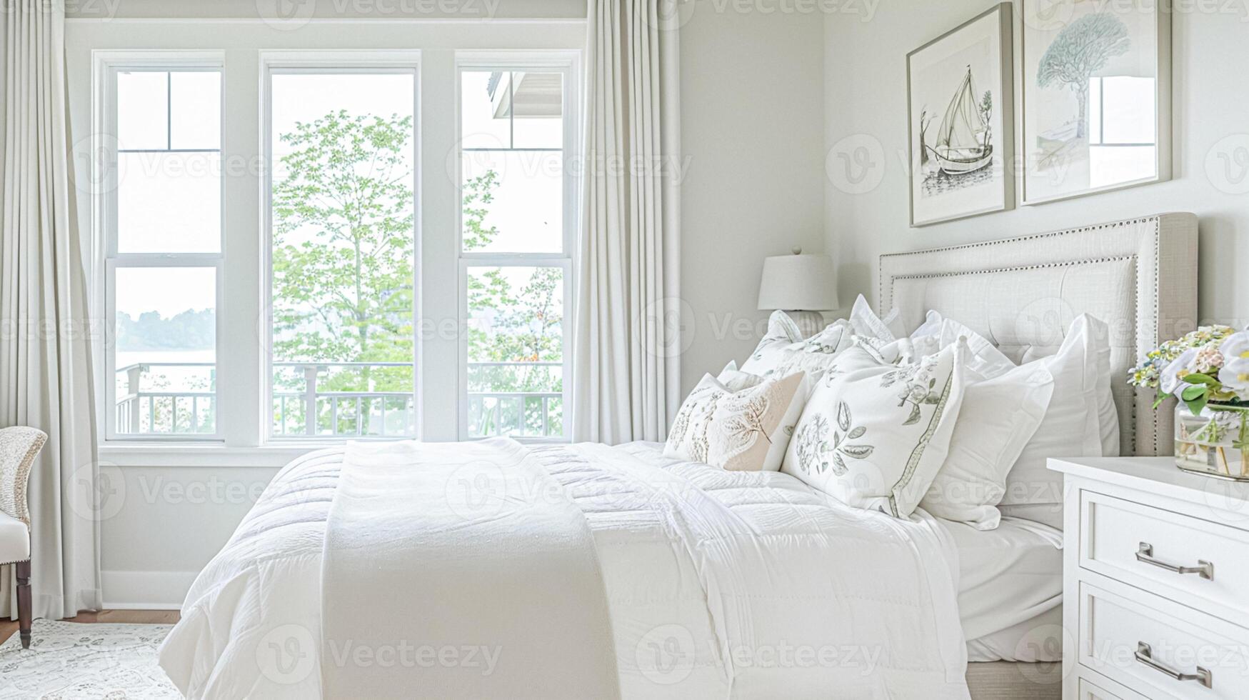 AI generated White coastal cottage bedroom decor, interior design and home decor, bed with elegant bedding and bespoke furniture, English country house and holiday rental photo