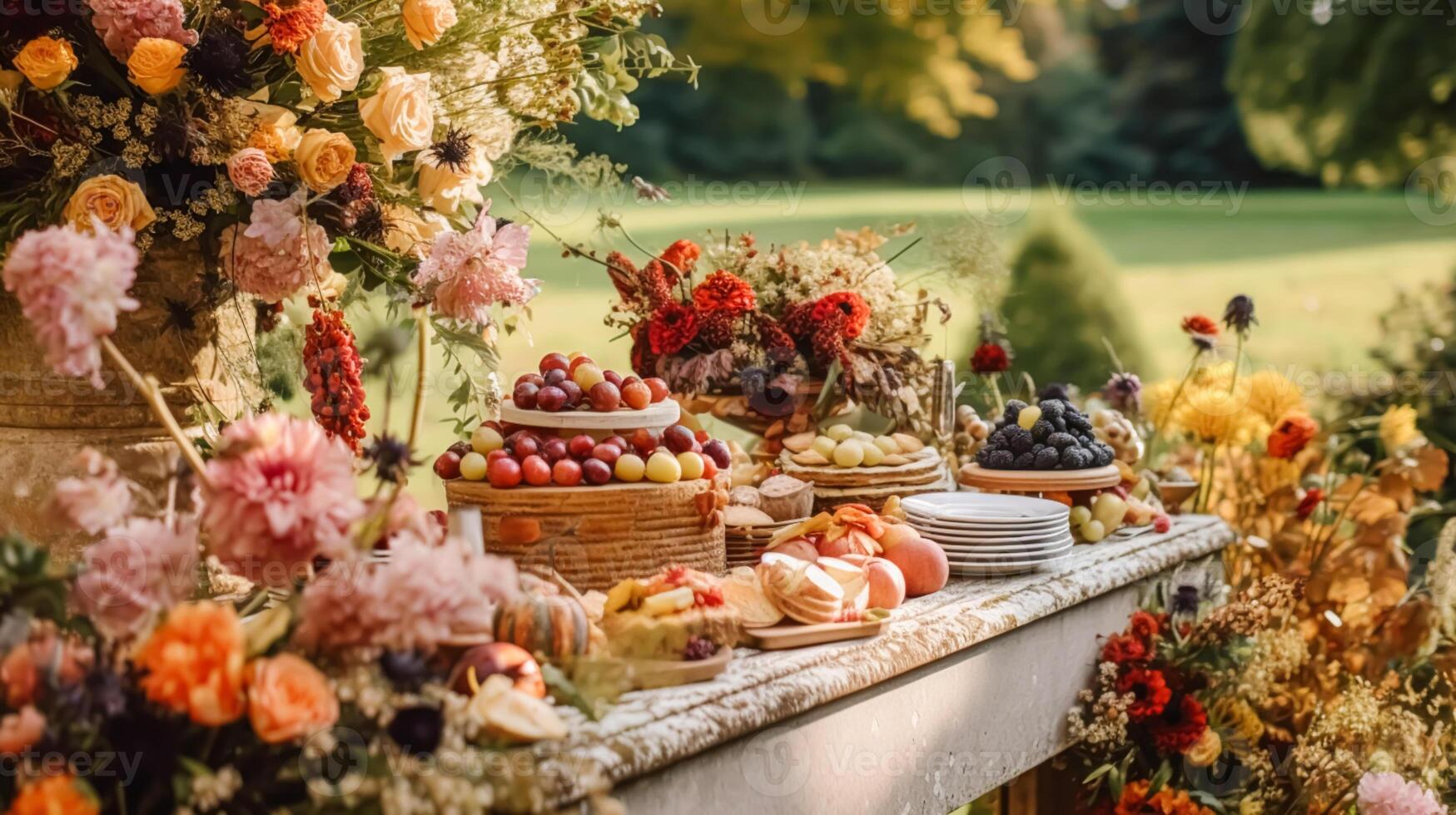 AI generated Autumnal dessert buffet table, event food catering for wedding, party and holiday celebration, cakes, sweets and desserts in autumn garden, generative ai photo