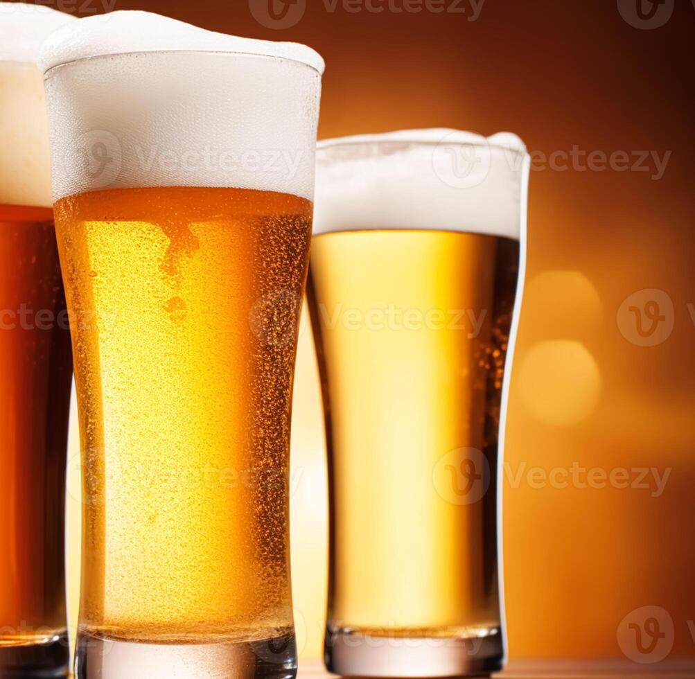 AI generated Glasses of cold beer with foam, pint of original premium beer drink, alcohol flavour and holiday celebration photo