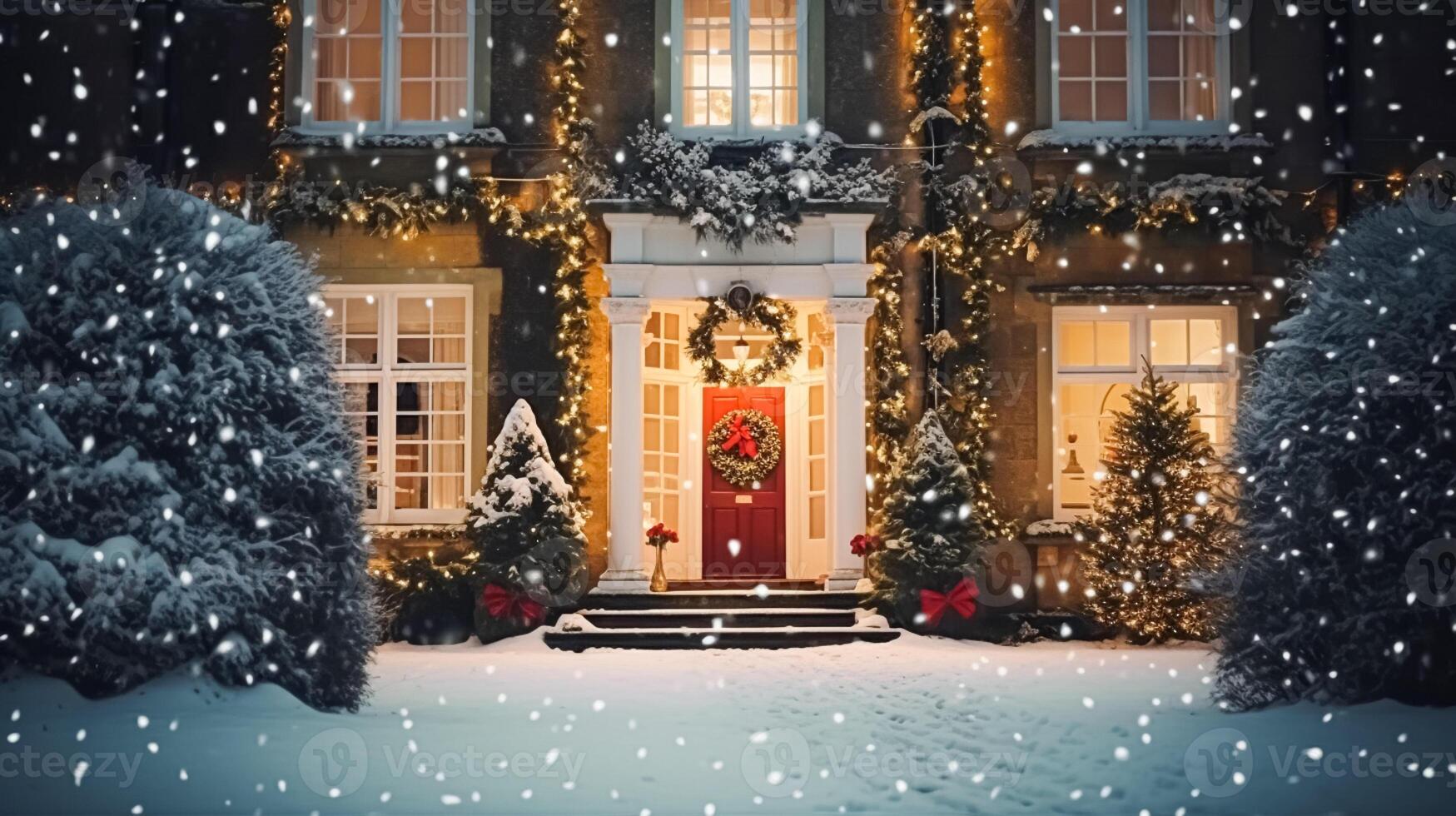 ai generado Navidad en el campo señorío, Inglés país casa mansión decorado para Días festivos en un Nevado invierno noche con nieve y fiesta luces, alegre Navidad y contento Días festivos foto