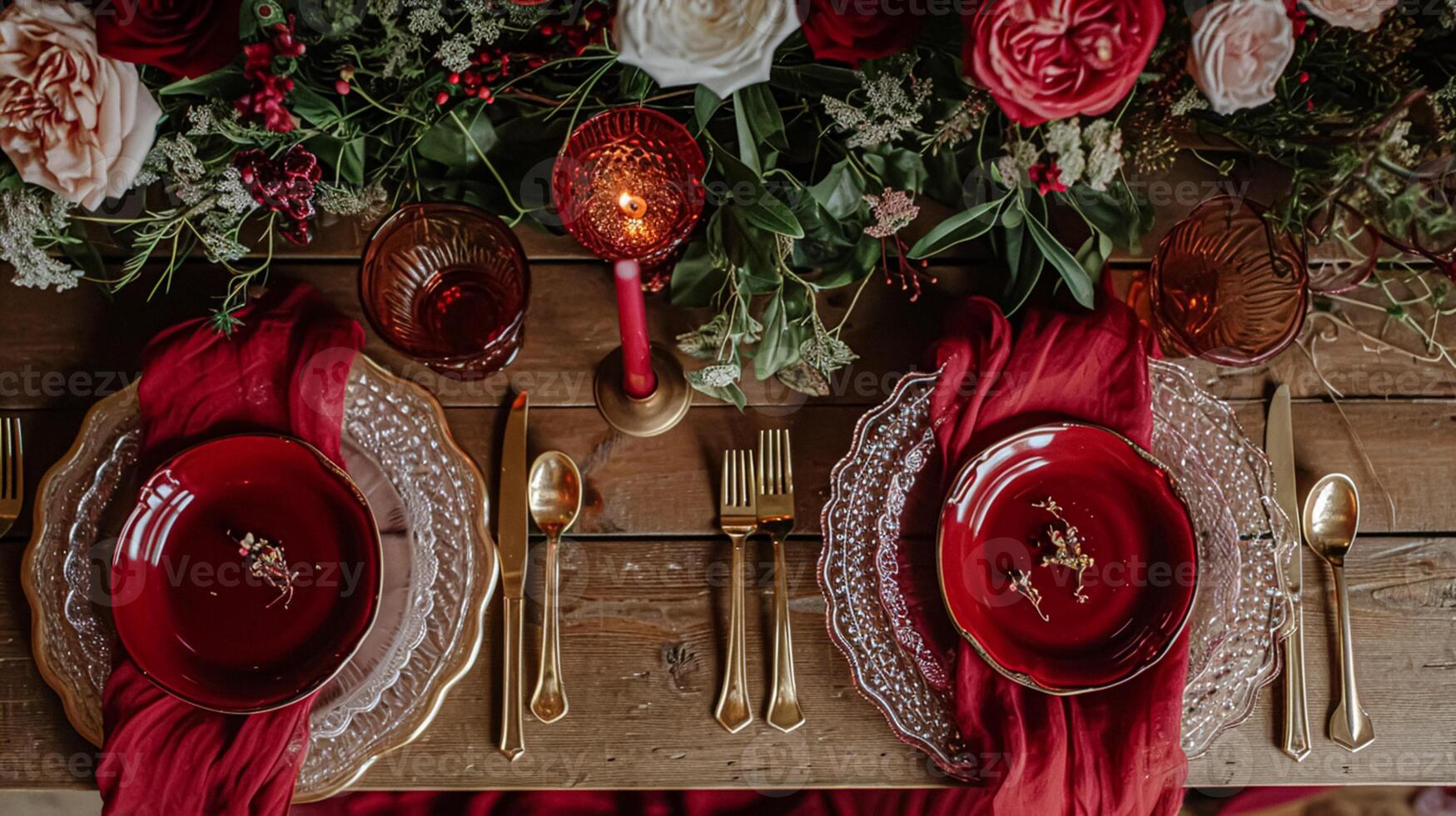AI generated Valentines day tablescape and table decor, romantic table setting with flowers, formal dinner and date, beautiful cutlery and tableware photo