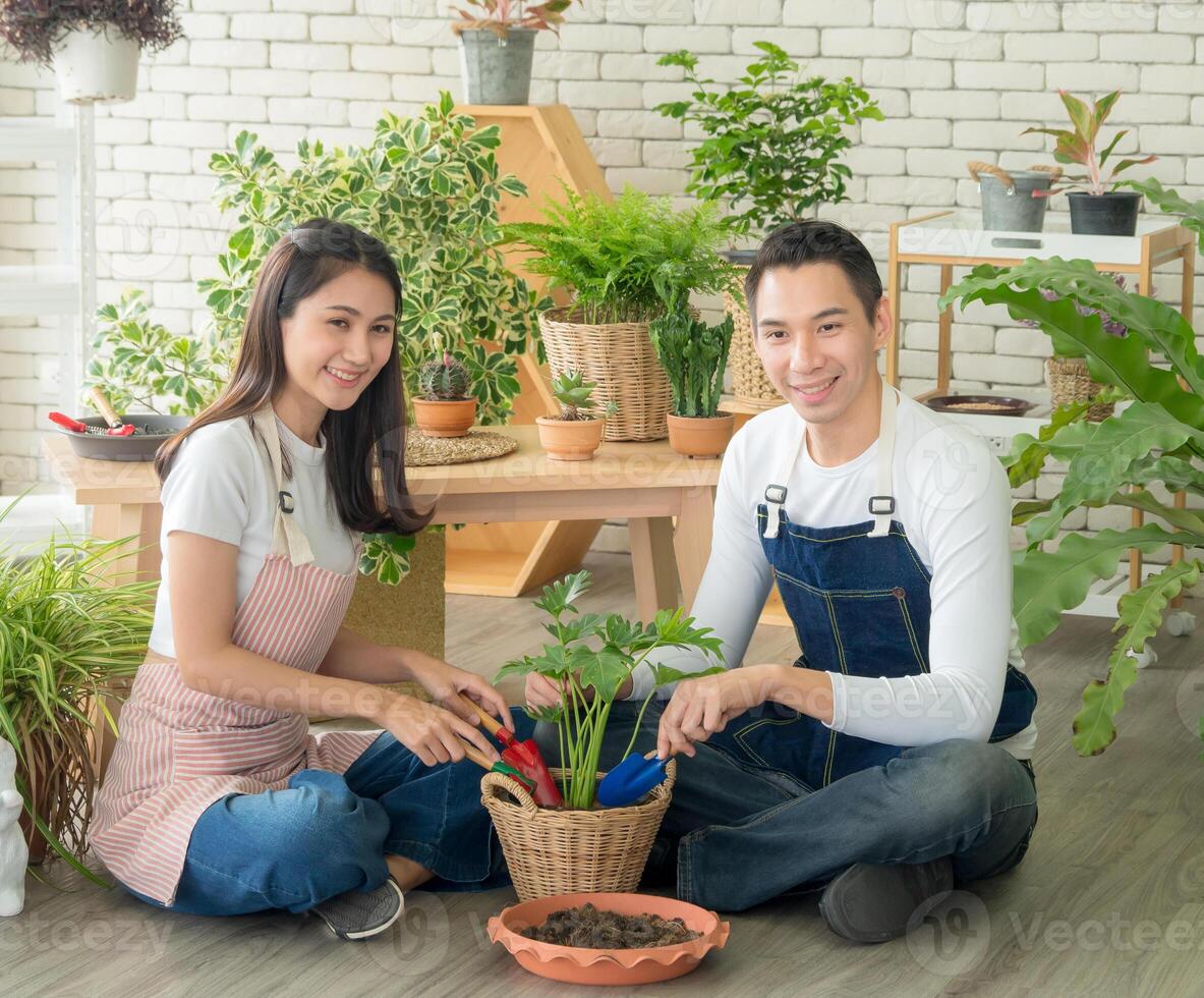 retrato jardinero joven asiático hombre mujer dos persona sentar piso y sonriente mirando mano participación ayuda Decorar árbol hoja verde en calma trabajo tienda hogar planta blanco pared. pasatiempo trabajo contento y cuidado concepto foto