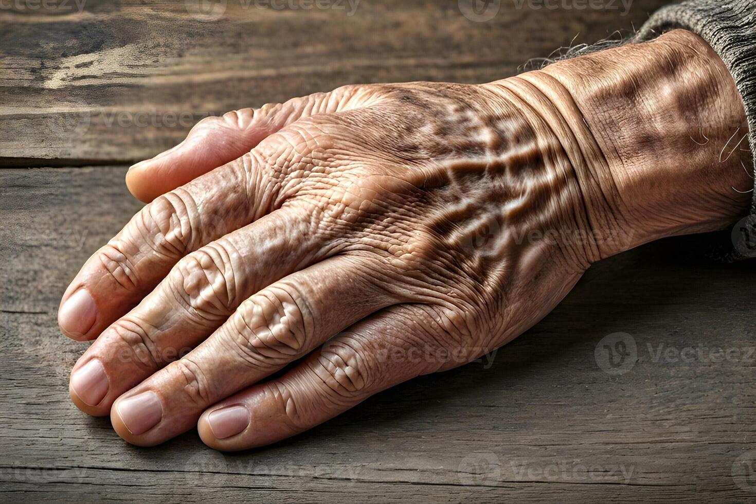 AI generated An old man showing his hand in close up suffering Parkinson disease photo