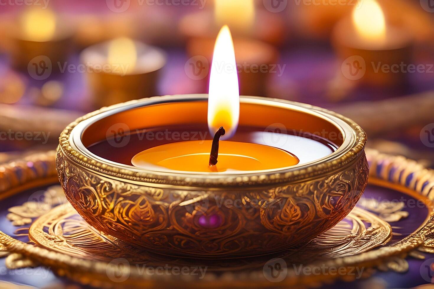 AI generated Close up view of a glowing earthen oil lamp during Diwali festival photo