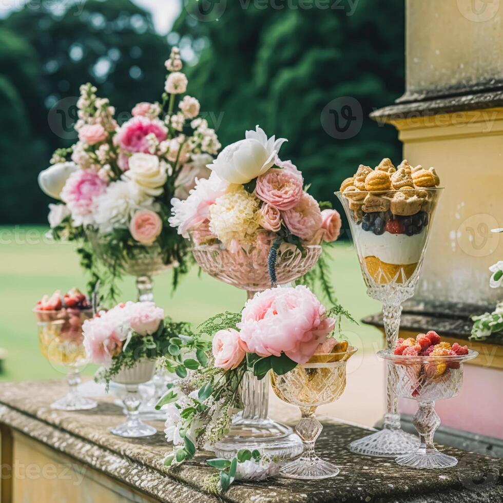 ai generado hielo crema postres buffet mesa, evento comida abastecimiento para boda, fiesta y fiesta celebracion, hielo cremas y flores decoración en un floral campo jardín, generativo ai foto