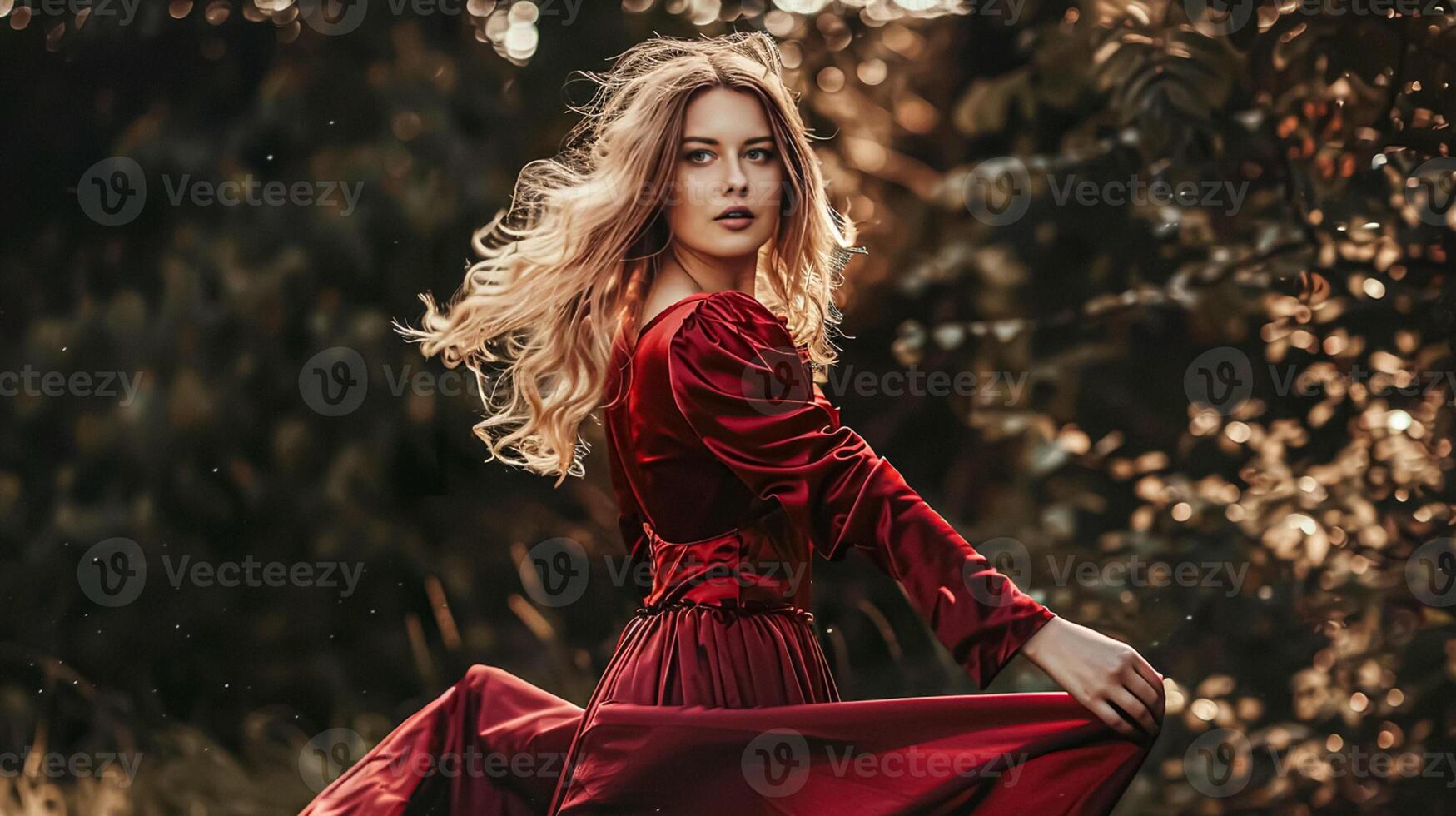 ai generado mujer en rojo terciopelo vestido, otoñal Mira en otoño bosque, nupcial belleza estilo, Boda Moda Campaña y glamour peinado foto