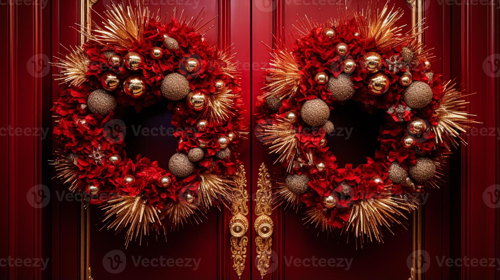 AI generated Christmas decoration details on English styled luxury high street city store door or shopping window display, holiday sale and shop decor photo