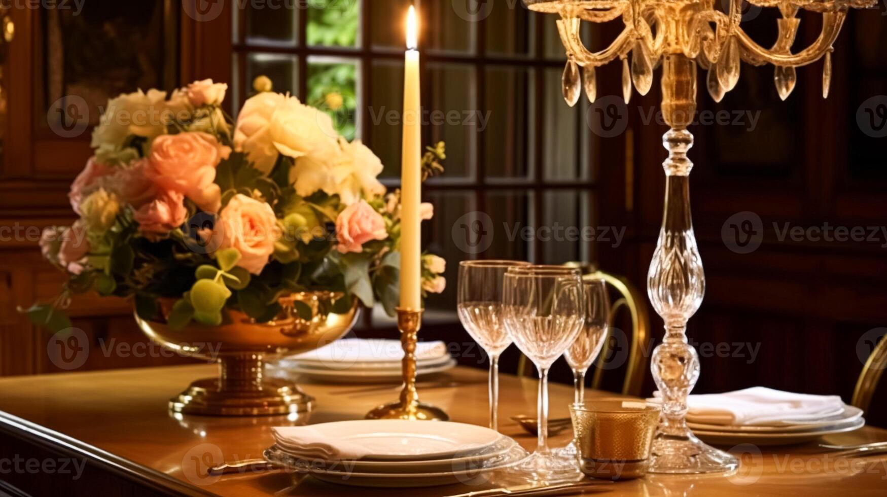 AI generated Holiday celebration table decor, festive tablescape in dining room, candles and flowers decoration for formal family dinner in the English country house, countryside interior design photo