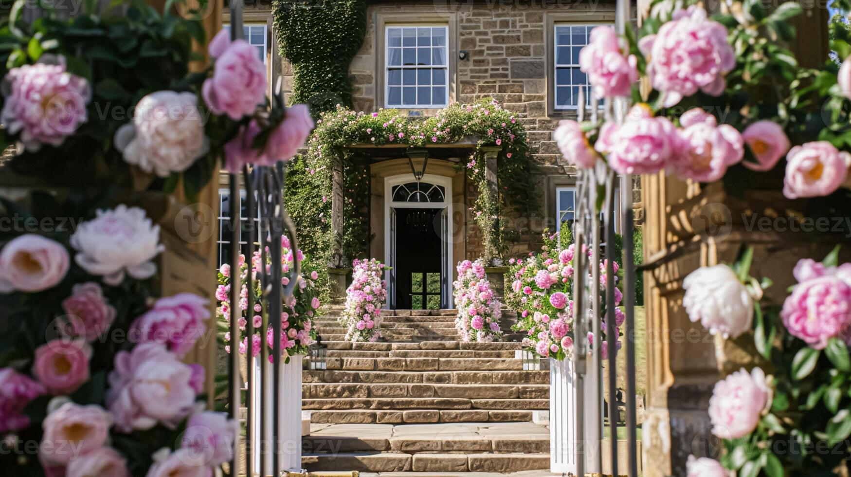 ai generado Boda decoración con peonias, floral decoración y evento celebracion, peonía flores y Boda ceremonia en el jardín, Inglés país estilo foto