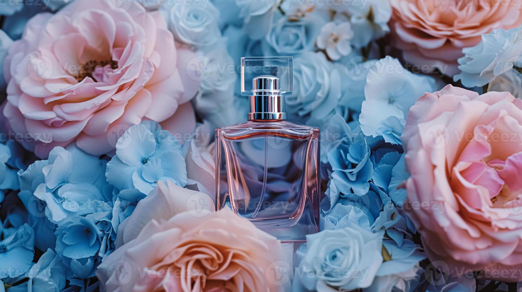 ai generado perfume botella en flores, fragancia en floreciente fondo, floral olor y cosmético producto foto