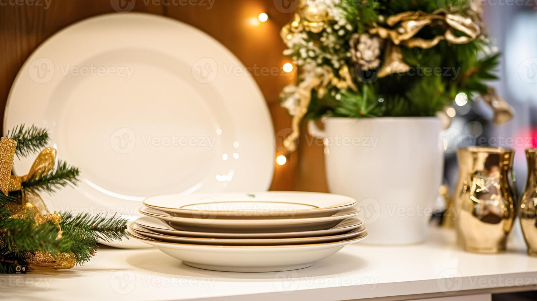 AI generated Dishware and crockery set for winter holiday family dinner, Christmas homeware decor for holidays in the English country house, gift set and home styling photo