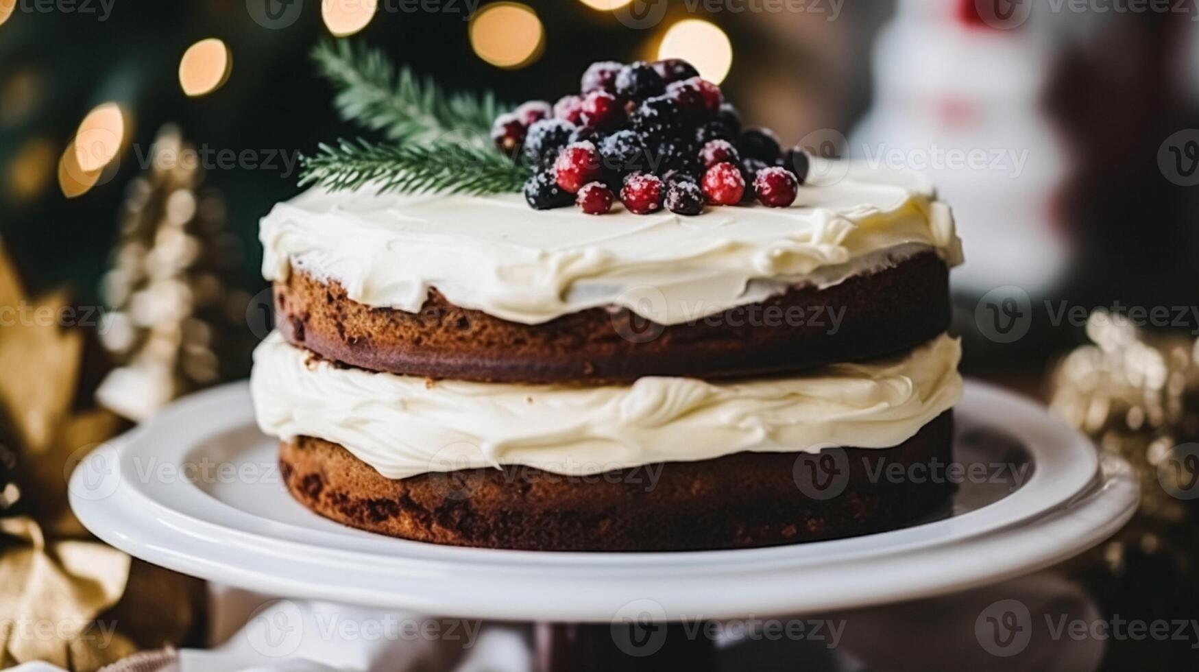 AI generated Christmas cake, holiday recipe and home baking, pudding with creamy icing for cosy winter holidays tea in the English country cottage, homemade food and cooking photo