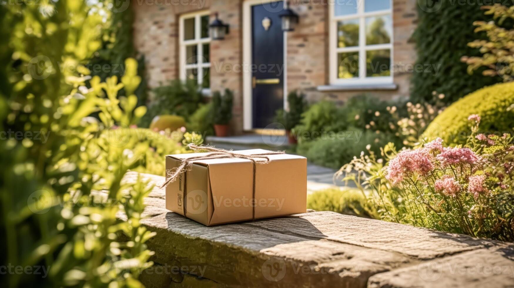 ai generado postal servicio, hogar entrega y en línea compras, paquete o empaquetar caja en un casa peldaño en el campo, generativo ai foto