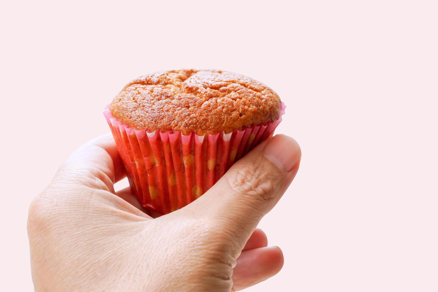 Closeup hand holding Thai ancient eggs cupcake isolate on pink background. photo