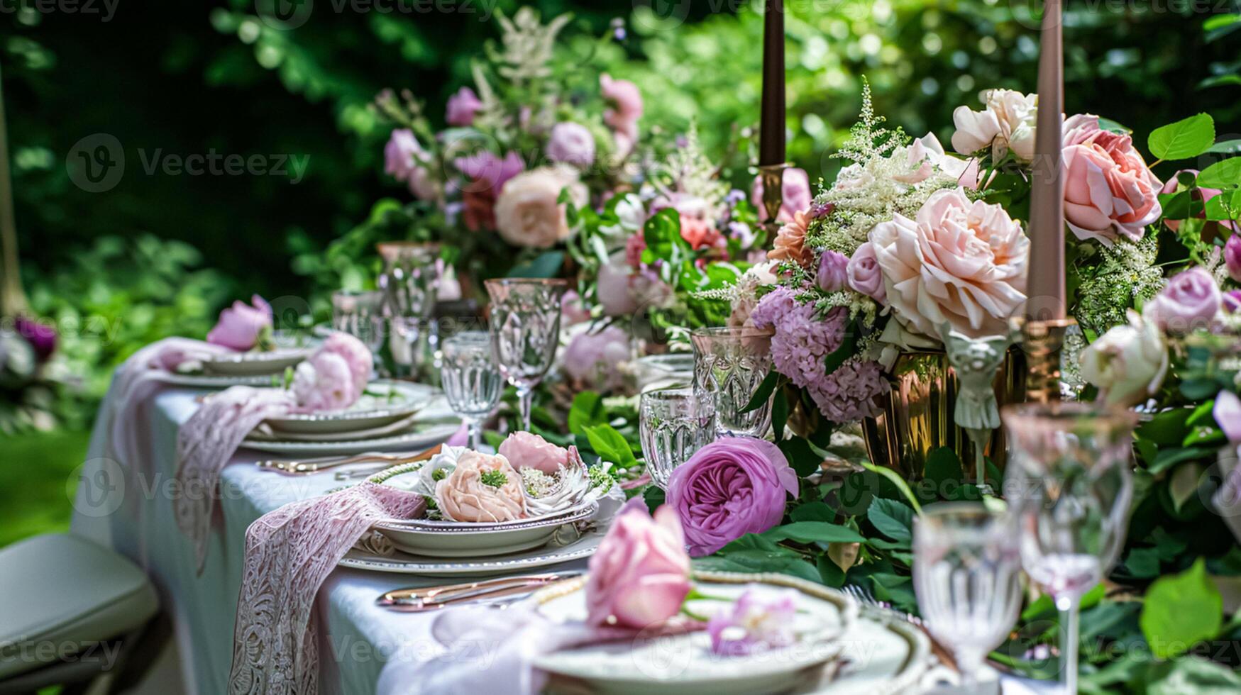 ai generado jardín fiesta paisaje de mesa, elegancia con floral mesa decoración foto