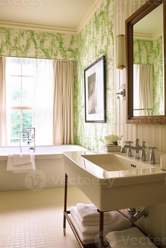 AI generated Classic bathroom decor, interior design and home improvement, bathtub and bathroom furniture, English country house and cottage style, generative ai photo