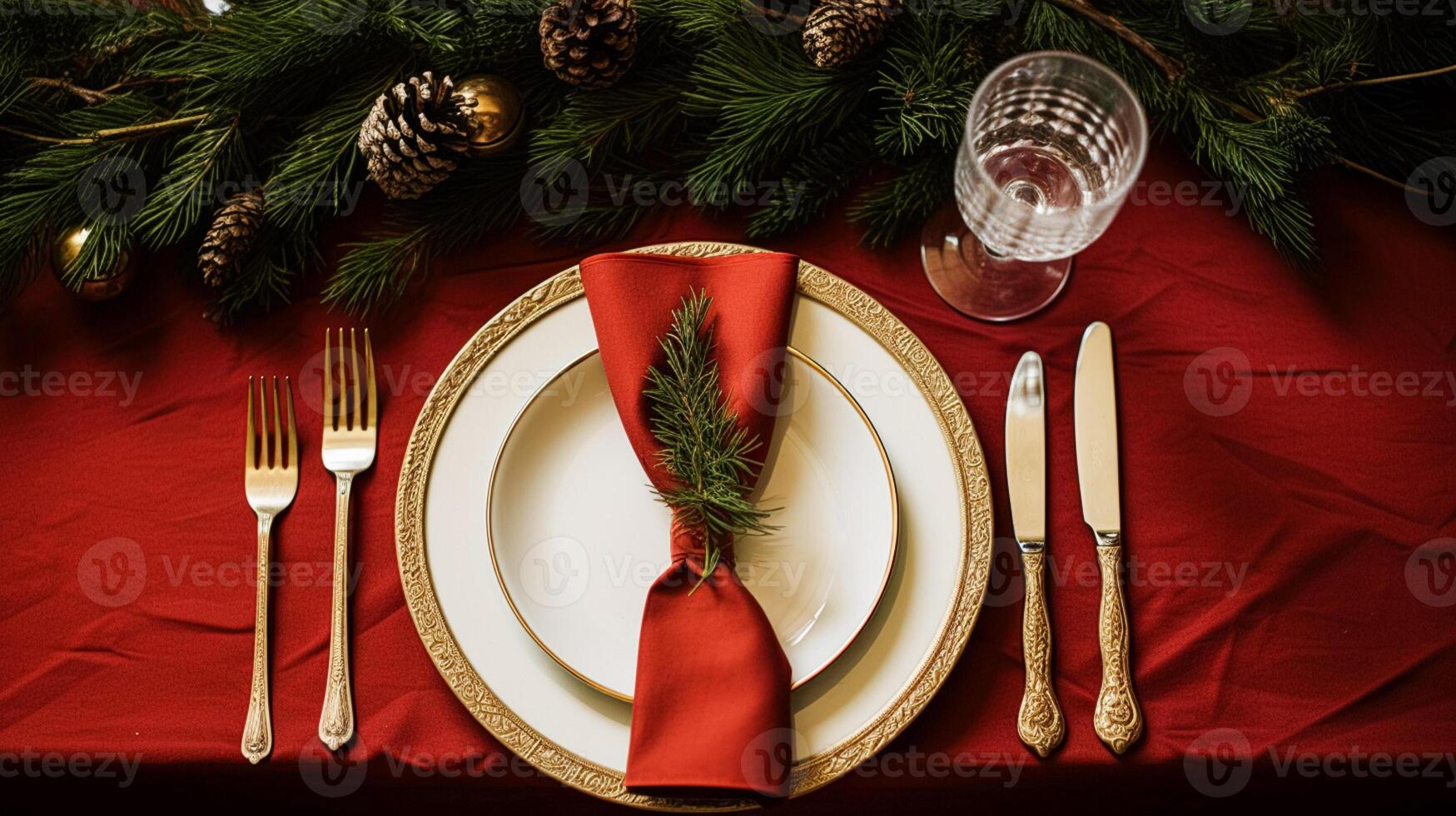 AI generated Christmas table decor, holiday tablescape and dinner table setting, formal event decoration for New Year, family celebration, English country and home styling photo