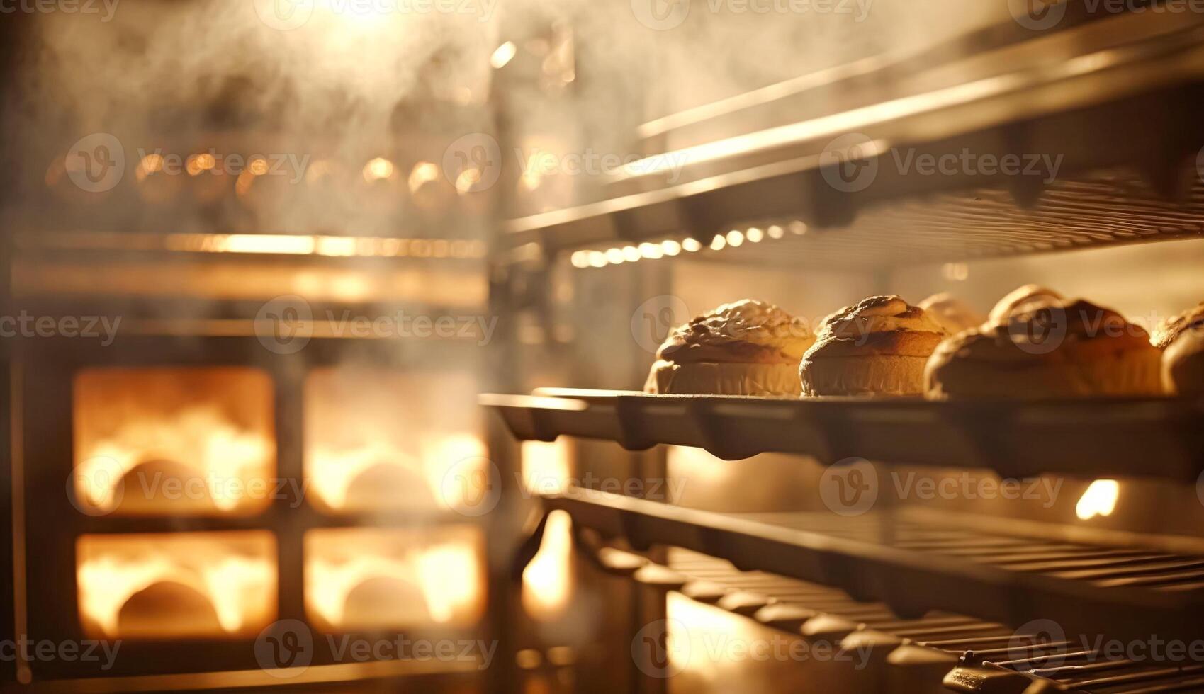 ai generado panadería con caliente Fresco un pan y Pastelería horneando en el antiguo pueblo panadería, recién horneado productos en estantería y el horno, pequeño local negocio y comida producción foto