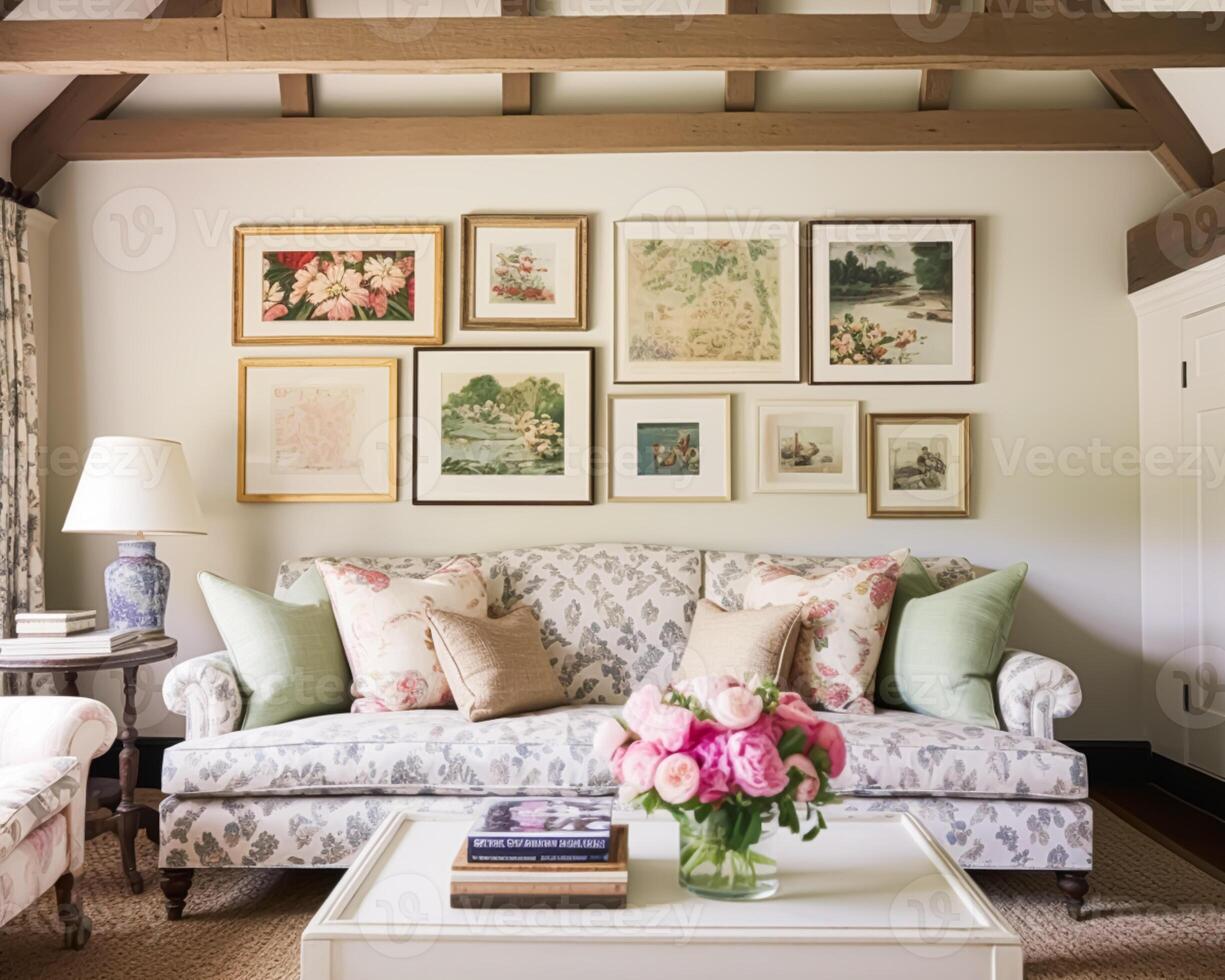 AI generated Living room gallery wall, home decor and wall art, framed art in the English country cottage interior, room for diy printable artwork mockup and print shop photo