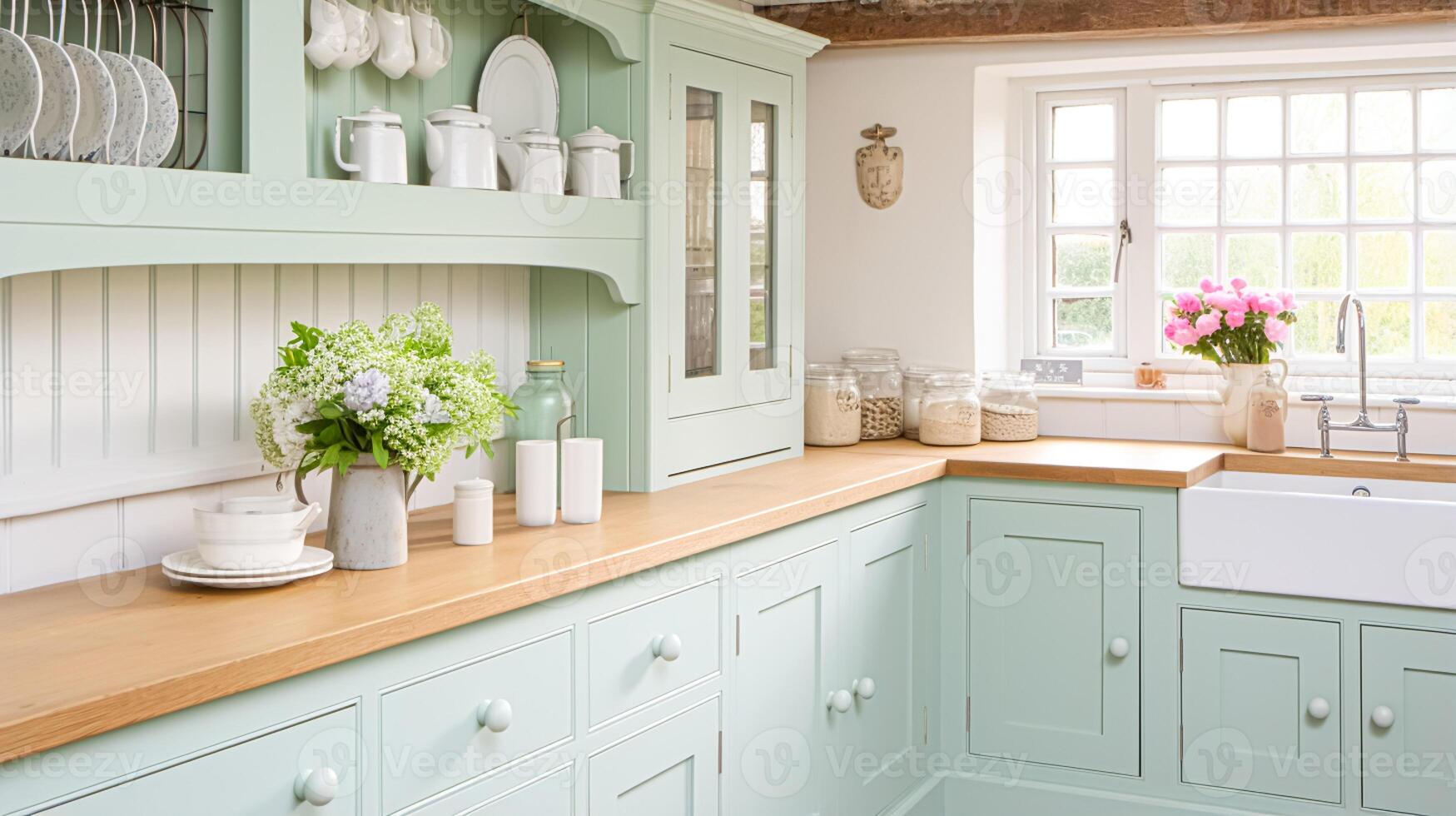 AI generated Mint cottage kitchen interior design, home decor and house improvement, English in frame kitchen cabinets in a country house photo