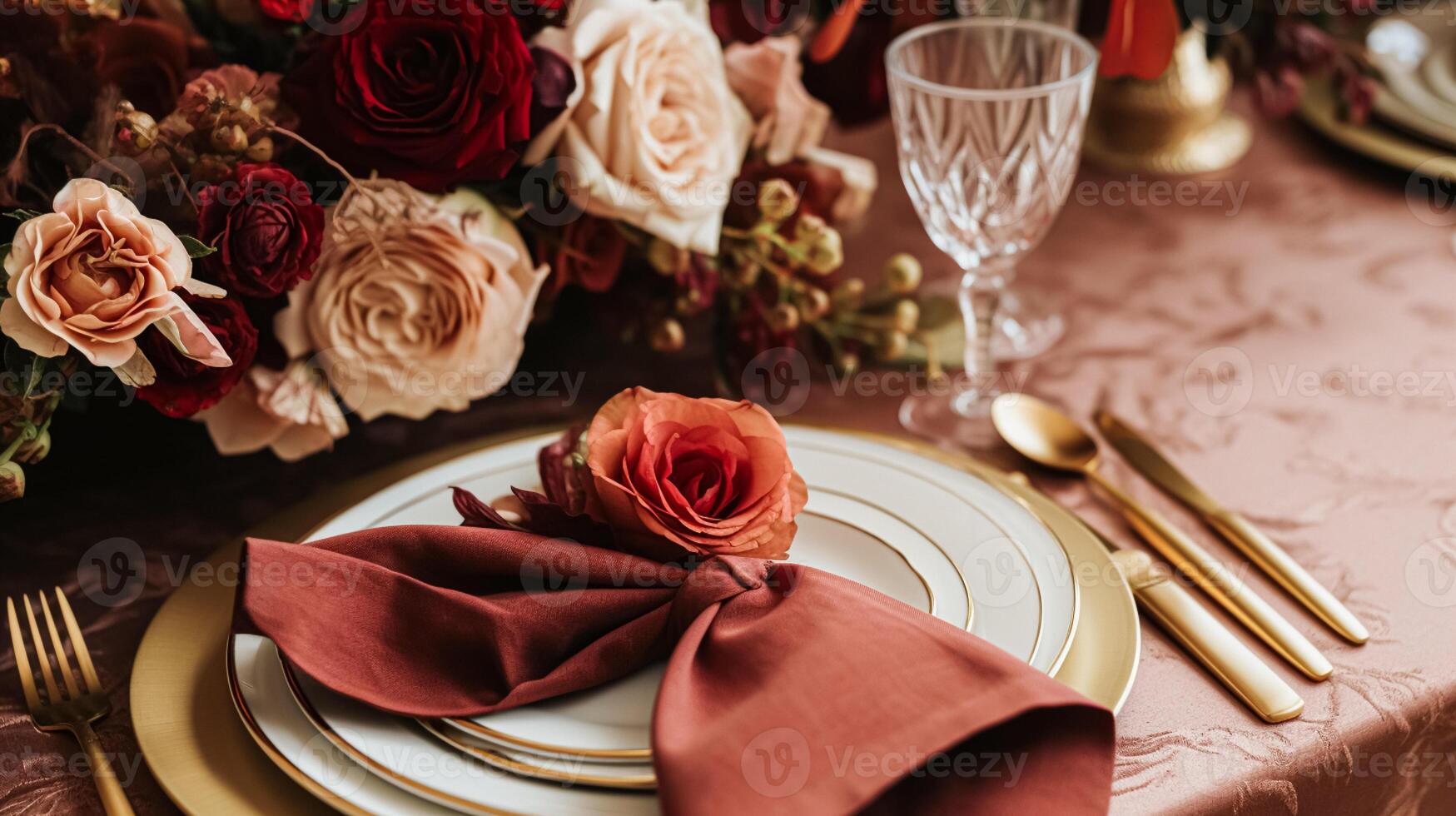 AI generated Wedding and event celebration tablescape with flowers, formal dinner table setting with roses and wine, elegant floral table decor for dinner party and holiday decoration, home styling photo