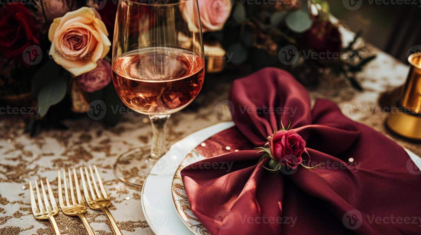 AI generated Wedding and event celebration tablescape with flowers, formal dinner table setting with roses and wine, elegant floral table decor for dinner party and holiday decoration, home styling photo