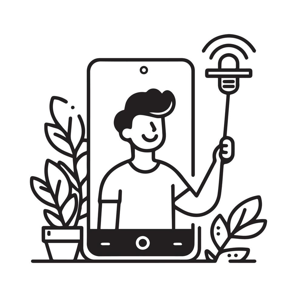 selfie foto línea iconos, teléfono icono vector ilustración