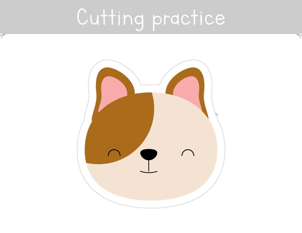 Cutting practice for kids worksheet. Educational game for children. Scissor skills activity for school and homeschool. Cute dog vector