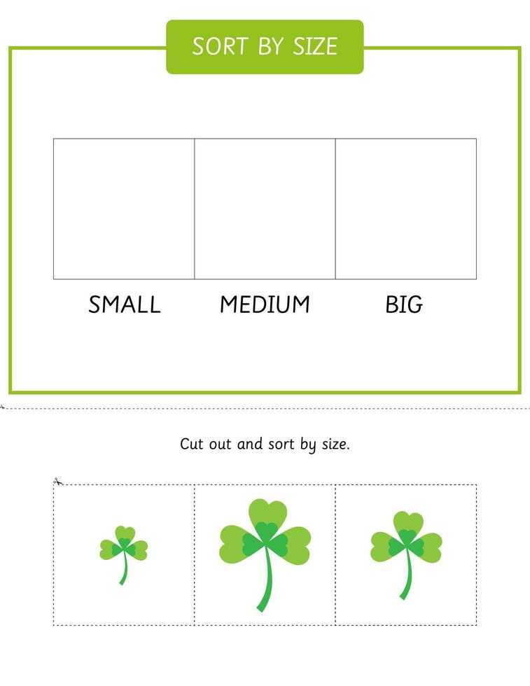 ort by size activity with shamrocks for for St Patricks Day. Educational game. Sorting worksheet vector
