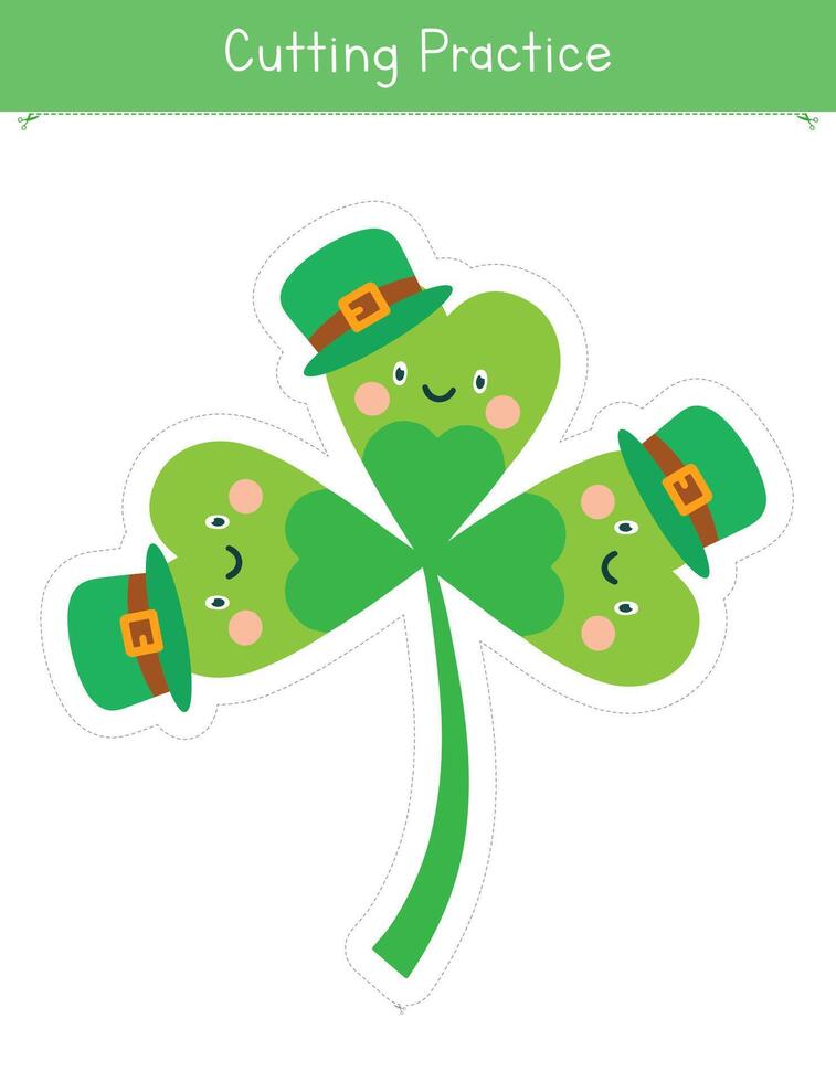 Cutting practice activity for St. Patrick's Day with cute shamrock with hats. Educational game for preschool and kindergarten kids vector