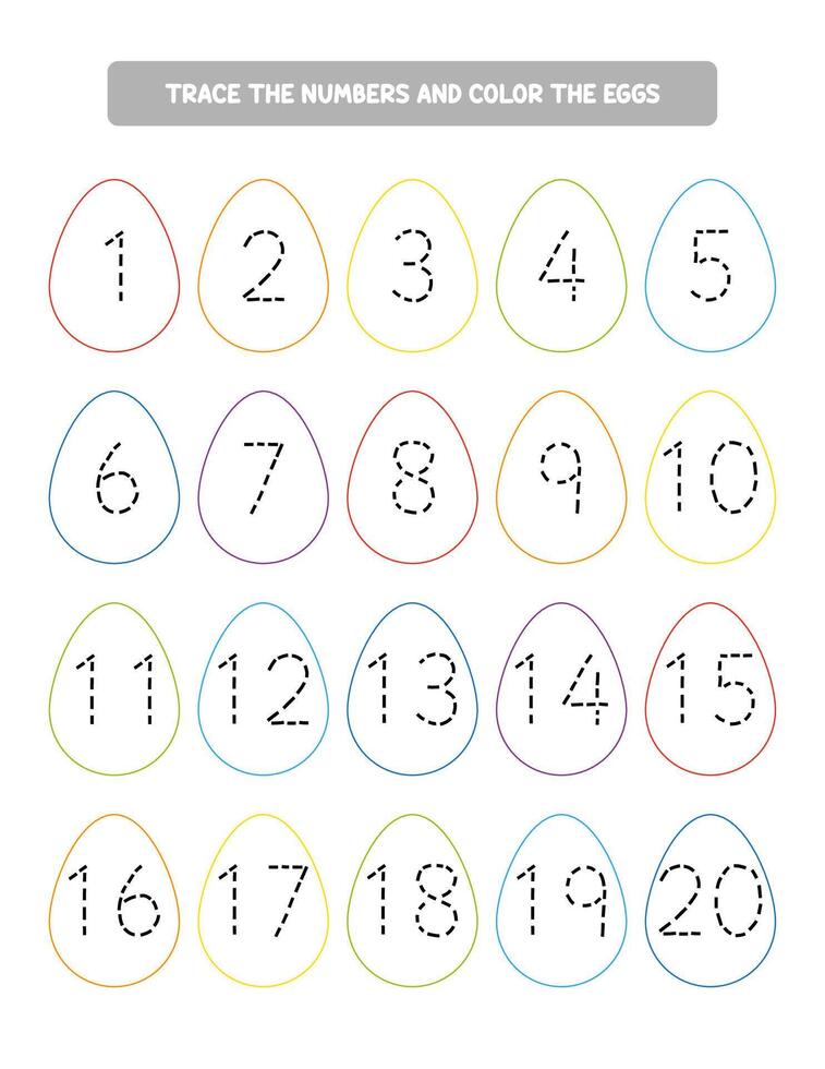 Tracing practice worksheet for kids. Trace the numbers from 1 to 20 activity. Easter eggs educational game vector
