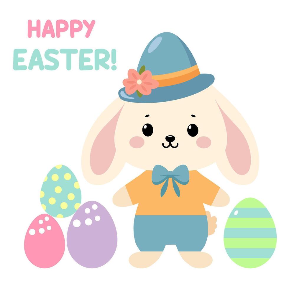 Cute Easter bunny with Easter eggs in flat style and isolated on white. Easter rabbit illustration for kids vector