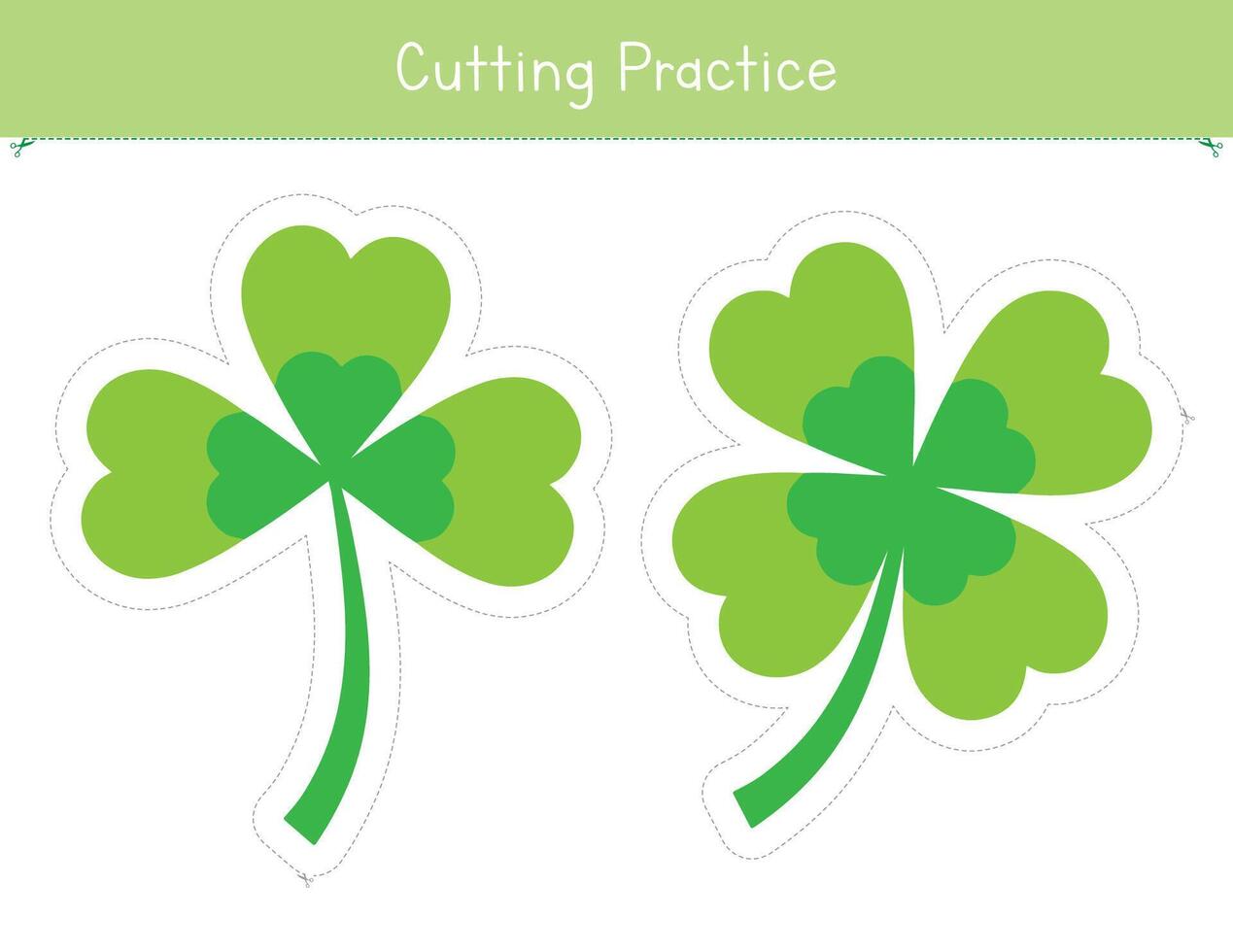 Cutting practice with shamrock and clover. Fine motor skills worksheet for preschool and kindergarten. Educational game for school and homeschool vector