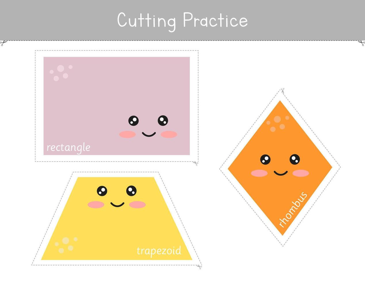 Shapes cutting practice worksheet for kids.Preschool educational game. Fine motor skills activity. Math centers vector