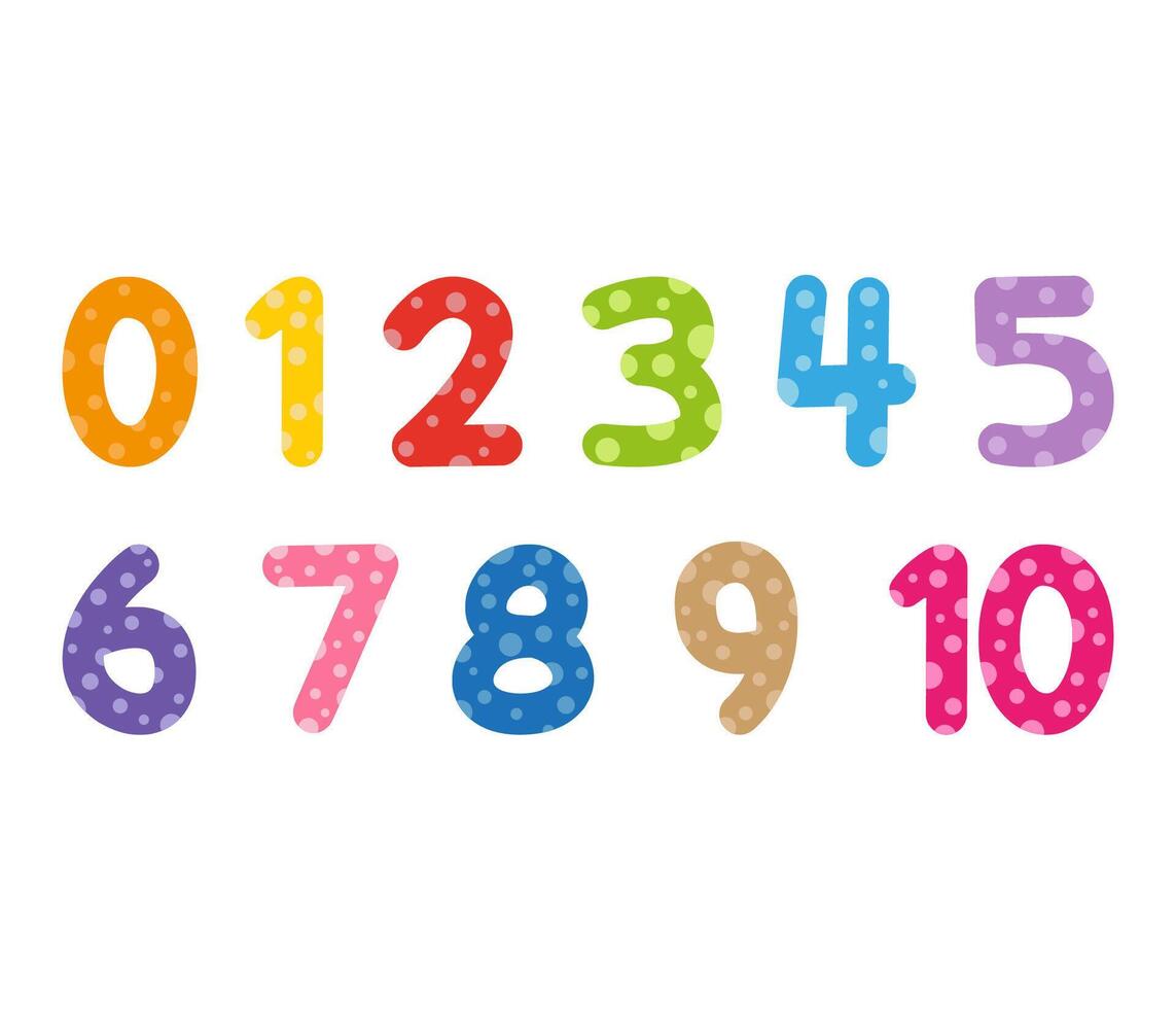 Cute numbers set in cartoon style for kids. Numbers with polka dots clipart. Educational resource for school and homeschool vector