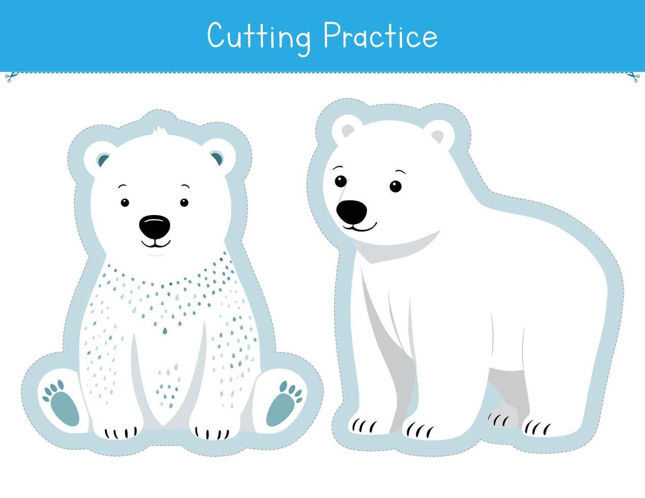 Cutting practice activity for preschool and kindergarten kids with two cute baby polar bears. Educational game for children vector